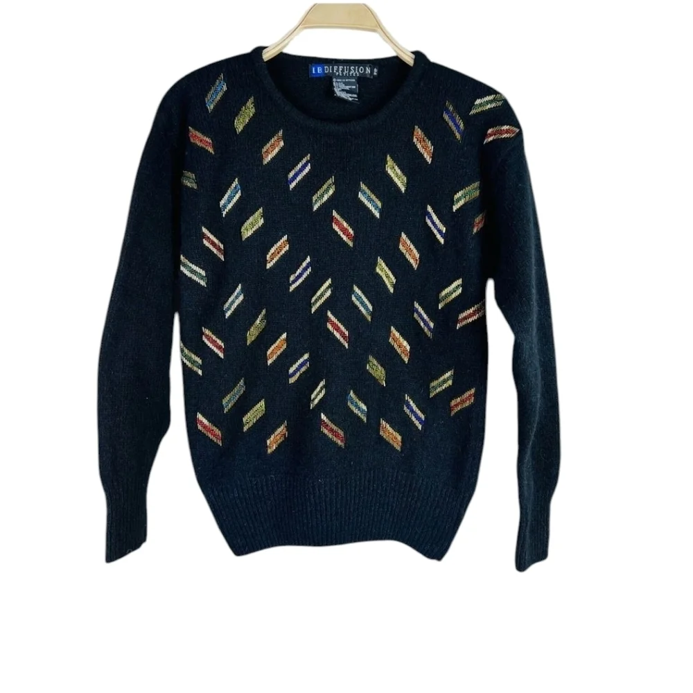 Vtg Silk/Angora Blend Luxe Beaded Black Long Sleeve Pull on Glam Sweater Sz M